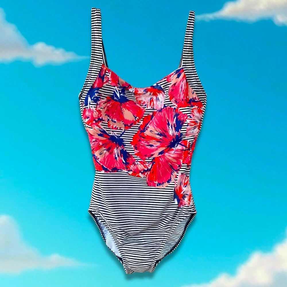 NWOT One Piece Suit w/ Blue and White Stripes and Multi Colored Flowers 🌺 size 8 - Picture 1 of 5